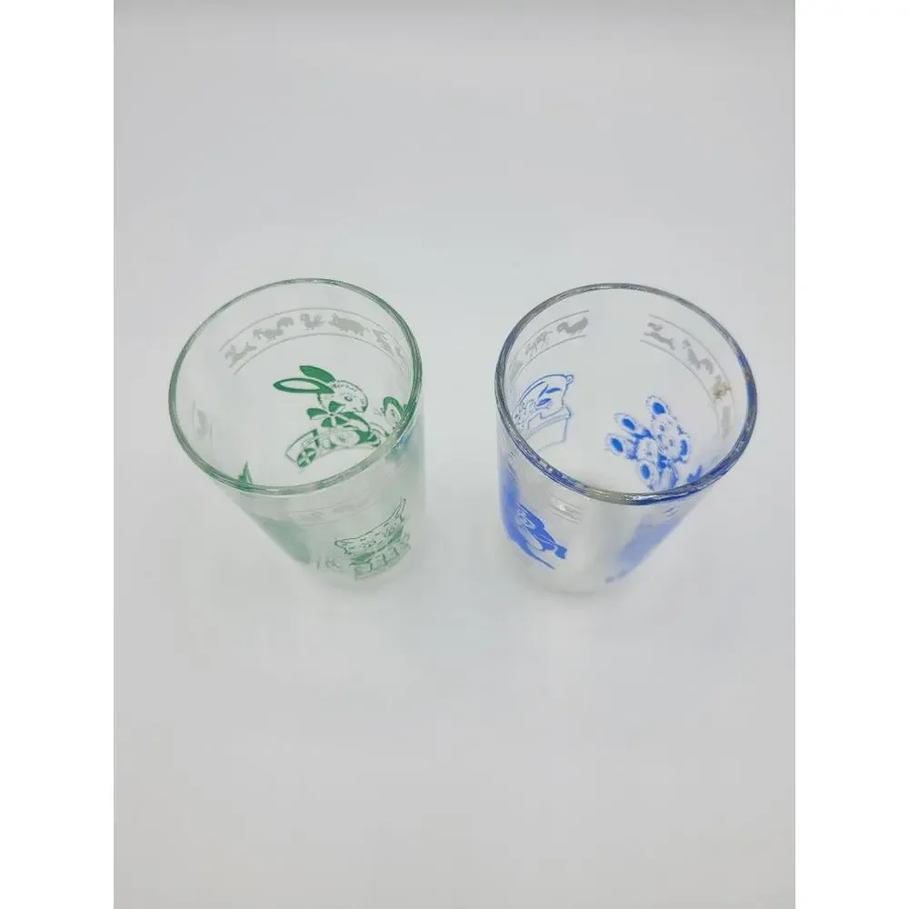 Vintage Childrens Kids Juice Glasses Blue Green Bears Bunnies‎ (2)